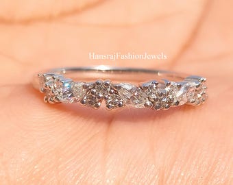 Alianza de boda única con racimo de marquesa, alianza art déco redonda de marquesa en plata 925, banda de moissanita