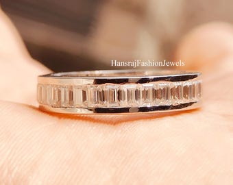 Fede nuziale con moissanite taglio baguette largo, fede nuziale in argento 925 con incastonatura a canale, anello di promessa impilabile