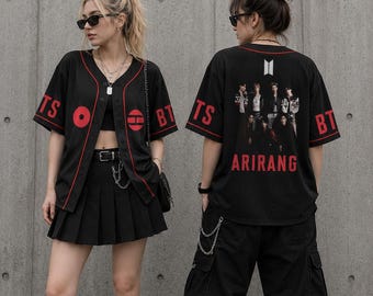 BTS Arirang Baseball Jersey, Bangtan Fan Inspired Concert Outfit, BTS ARMY Streetwear Jersey, Black Kpop Button Up Shirt, Unisex Kpop Tee