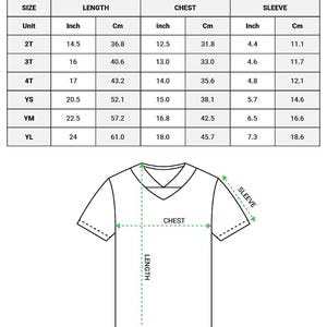 May include: A chart for AOP Kids and Youth Football Jersey sizes, including length, chest, and sleeve measurements in inches and centimeters. The chart includes sizes 2T, 3T, 4T, YS, YM, and YL. A diagram of a jersey is also shown.