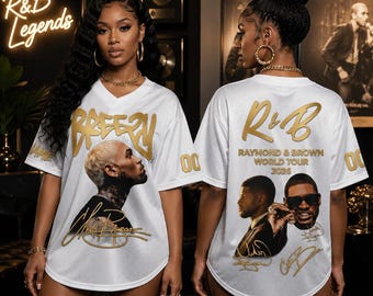 Usher Chris Brown R&B Tour Football Jersey, CB faux glitter effect RnB Tour Music 2026 Concert Gift, Oversize Y2K Streetwear Tee