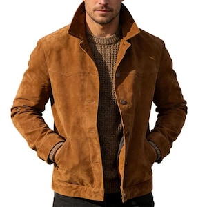 May include: A brown suede jacket with a button-up front, two front pockets, and a collared neckline. The jacket is worn over a brown knit sweater. The sleeves have ribbed cuffs.