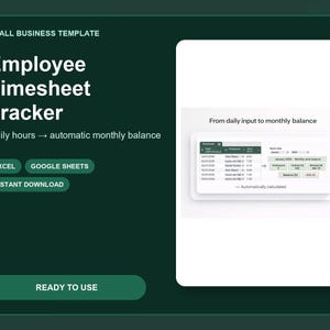 Employee Timesheet Tracker Excel and Google Sheets | Work Hours, Contract Hours & Automatic Monthly Summary