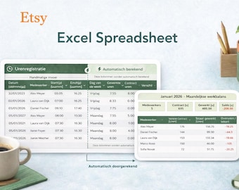 Seguimiento del tiempo de los empleados: Excel y Hojas de cálculo de Google con resumen mensual automático (NL)