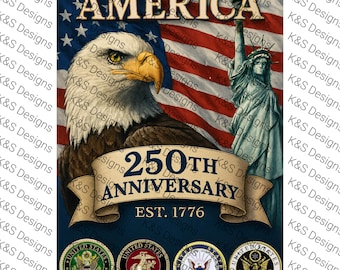 Konst för 250-årsjubileum av Patriotiska Amerika: Vithövdad havsörn, flagga, militär hyllning (digital nedladdning)