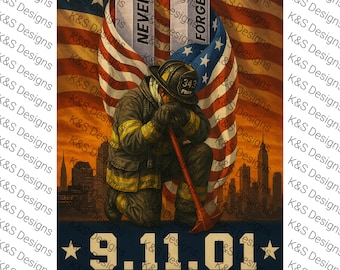 Op de afbeelding: Digitale kunstprint met een knielende brandweerman met een rode bijl, voor een Amerikaanse vlag en de Twin Towers. De tekst luidt "NEVER FORGET" en "9.11.01". De brandweerman draagt een helm met nummer 343.