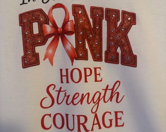 Breast Cancer Awareness Shirt: Pink Ribbon, Hope Tee with Rhinestones