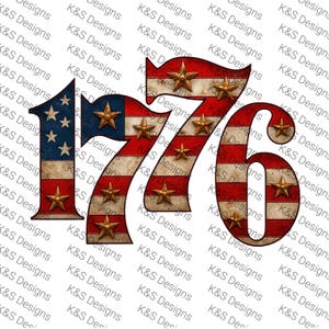 Pode incluir: Um design patriótico com o número "1776" em listras vermelhas e brancas, com uma seção azul adornada com estrelas brancas. Acentos de estrelas douradas são colocados nos números, evocando uma estética vintage.