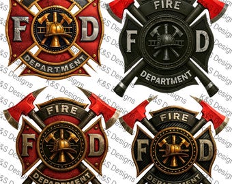 Fire Department Badge PNG | Maltese Cross Emblem | Firefighter Helmet & Axes | Printable Clipart| FD