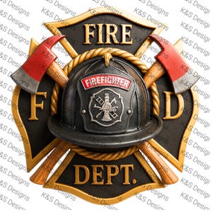 May include: A decorative emblem featuring a firefighter's helmet, crossed axes, and the words "FIRE DEPT." in gold lettering. The helmet has a "FIREFIGHTER" patch. The design is set against a black and gold background.