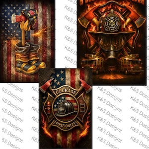 Könnte beinhalten: Eine Sammlung digitaler Kunstwerke mit Feuerwehr-Themen. Ein Bild zeigt eine Axt und Stiefel eines Feuerwehrmanns vor einer amerikanischen Flagge. Ein anderes zeigt einen Helm, ein Atemschutzgerät und Feuerwehrautos. Das dritte zeigt ein Abzeichen mit den Worten "Courage" und "Firefighter".