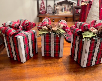 Handmade 4x4x4 Distressed White Wood Christmas Gift Boxes with Plaid Ribbon, Rhinestones & Rustic Accents