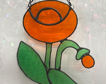 Attrape-soleil pavot en vitrail fait main - Décoration orange et vert