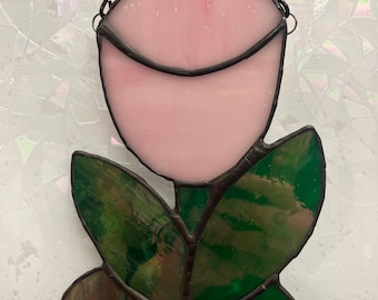 Attrape-soleil tulipe en vitrail fait main - Rose et vert, 5 x 7
