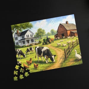 Country Farm Puzzle - Rustic Barnyard Scene with Cows, Chickens & Tractor | 110-520 Piece Jigsaw Puzzle | Farmhouse Gift for All Ages