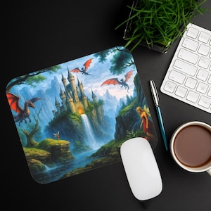 Fantasy Castle Dragon Mousepad - Whimsical Fairy Tale Scene | Magical Desk Mat for Gamers, Writers & Dreamers