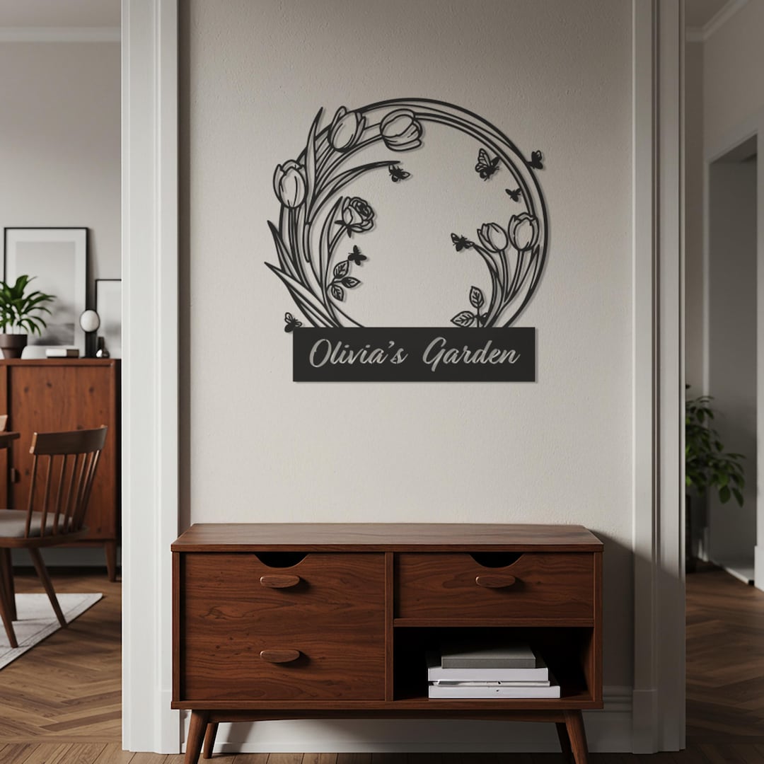 Personalized Metal Sign, Garden Metal Wall Art Custom Name With Floral ...