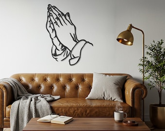 Metalen muurkunst biddende handen – spirituele minimalistische lijnkunst voor slaapkamer, hal of gebedsruimte, wanddecoratie christelijk religieus huis