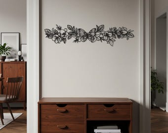 Arte floral de pared de metal, diseño floral personalizado con mariposas, elegante decoración floral para sala de estar, dormitorio u oficina.