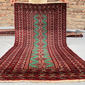 3x5 Turquoise and Red Vintage Rug,  3x5 Small Handmade Vintage Rug, Low Pile Wool Rug, Turkmen Tribal Rug, Small Vintage Home Decor Rug