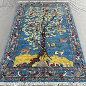 4x6 Area Rug, Modern Blue Tree  of life Area rug, Afghan Handknotted Rug, 100% Hand Spun wool Rug, Home Decor Rug Livingroom rug Bedroom rug