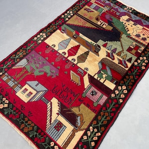 Antique Baluchi Pictorial Rug, 3x5 Handmade Wool Rug, Colorful Tribal Vintage Rug, Oriental Area Rug, Rug For Bedroom, Home Decor.