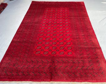 7x10 ハンドメイド アフガニスタン レッド ボハラ ラグ、ヴィンテージ