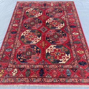Red Persian Rug 5x7, Luxurious Soft pile Rug, Hand-knotted wool Rug, Red Living Room Rug, Boho Home Decor Rug, 5x7 Bedroom Rug.