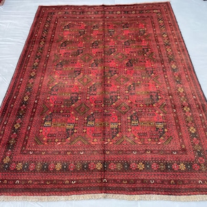 Oriental Large Bokhara Rug 7x9Ft – Hand-Knotted Red Vintage Wool Area Rug | Turkmen Tribal Rug | Traditional Carpet | Boho Home Decor.