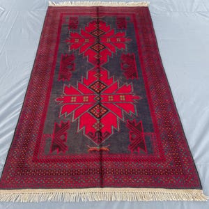 Multi colour Red Afghan Vintage Rug, 4x6  Oriental Caucasian Rug, Handmade Wool Rug,Nomadic Carpet, Turkmen Tribal Rug, Rug For Living Room.