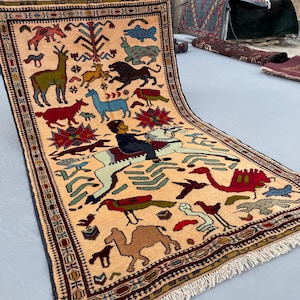Antique Pictorial Rug, 3x5 Handmade Wool Rug, Afghan Antique Rug, Turkmen Tribal Rug, Pictorial Vintage Beige Home Decor, Living Room Rug.
