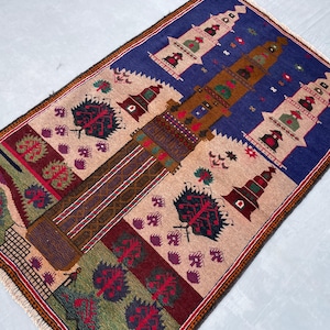 3x5 Baluchi Pictorial Rug, Afghan Handmade Wool Rug, Minar Design Carpet, Small Vintage Rug, Home & Wall Decor, Vibrant Colorful Accent Rug.