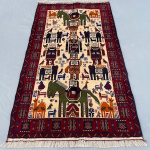 3x5 Handmade Antique Rug  Animal Hunting Scene Pictorial Rug, Oriental Wool Rug, Turkmen Tribal Rug, Living Room And Kids Room Rug