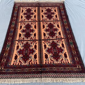 Antique Afghan Beige And red Baluchi Rug Collectors Piece 4,2x6,2  Rug Handmade Wool Rug-Authentic Vintage Washable Kitchen & Livingroom Rug