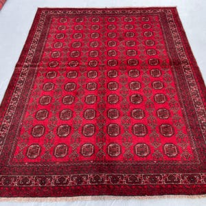 5x7 Afghan Red Vintage Rug, Hand-Knotted Wool Rug, Tribal Bokhara Vintage Rug, Oriental Boho Home Decor Rug,  5x7 Living Room & Bedroom Rug