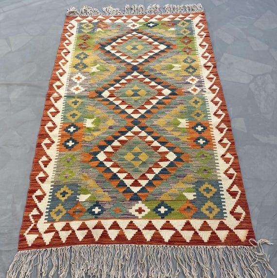 3x5 Handwoven Kilim Rug | Vintage Wool Tribal Bohemian Area Rug | Geometric Turkish Kilim Rug |  Traditional Flatweave Rug, Kitchen Rug 3x5
