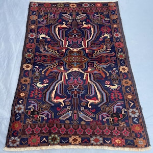 Antique Blue Floral Rug, 3x5 Hand Knotted Vegetable Dyes Wool Area Rug, Oriental Geometric Carpet, Persian Tribal Rug, Boho Home Decor Rug.