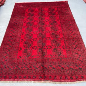 7x9 Red Afghan Bokhara Handmade Rug | Afghan Hand-Knotted Wool Area Rug |Red Tribal Rug | Oriental Rug For Living Room, Boho Home Decor