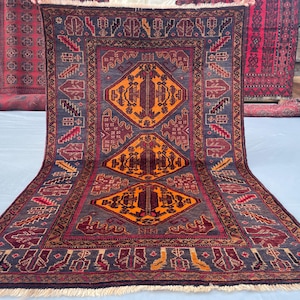 4x6 Antique Purple & Rust Orange Area Rug, Vintage Afghan Hand Knotted Wool Rug, Tribal Geometric Carpet, Boho Ethnic Decor, Living Room Rug