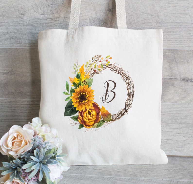 Sunflower Tote Bag Sunflower Wreath Tote Bridesmaid Tote image 0