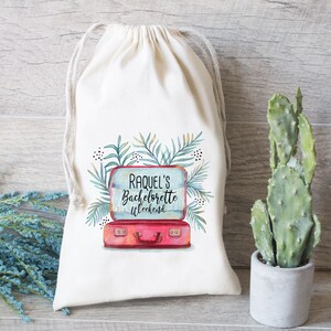 Girls Weekend Favor Bag, Hangover kit bag, Suitcase Favor Bag, Bachelorette Party Favor, Personalize Drawstring Bag, Greenery