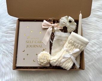 Cream Self Care Gift Box – Birthday Gift for Her, Cozy Journal Gift Set with Candle & Socks, Aesthetic Gift for Mom, Women, Girlfriend