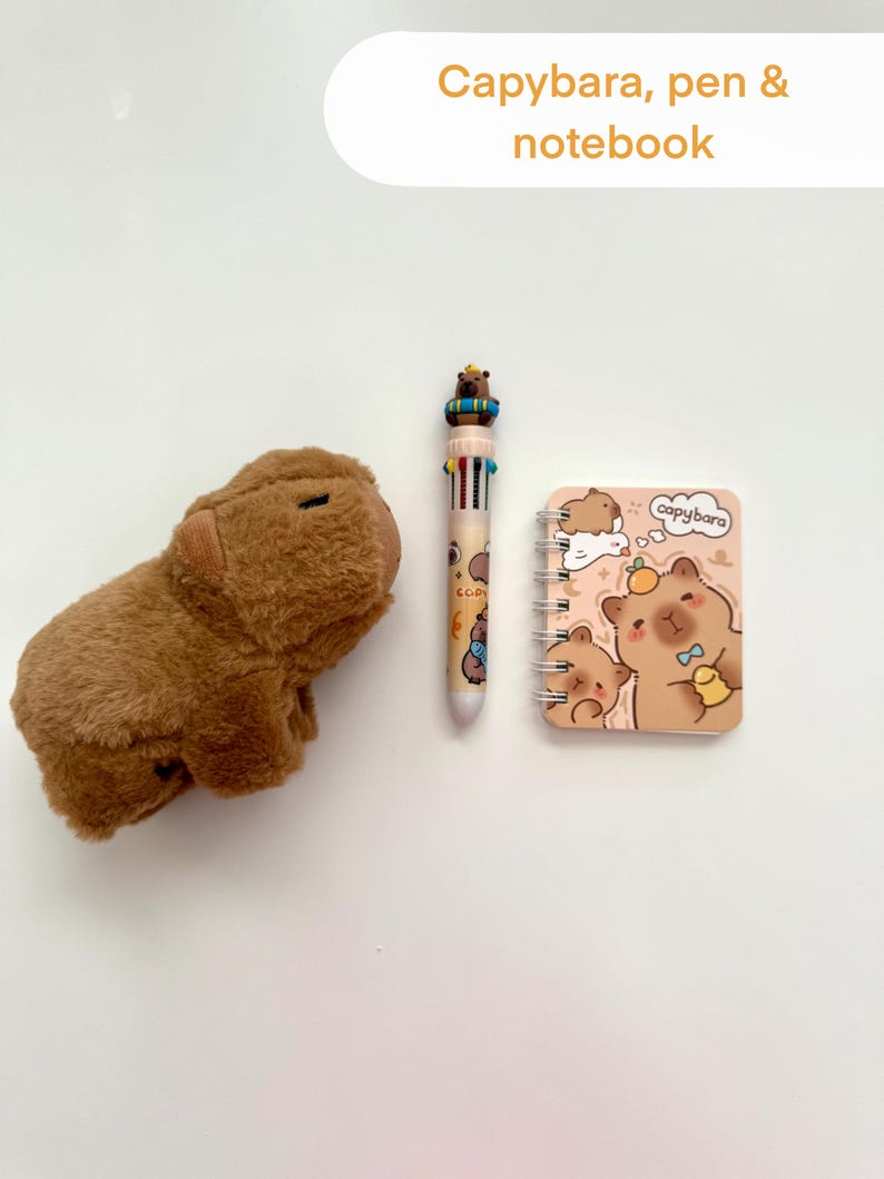 Puede incluir: Un capibara de peluche marr&oacute;n, un bol&iacute;grafo multicolor con un dise&ntilde;o de capibara y un peque&ntilde;o cuaderno con espiral con una ilustraci&oacute;n de capibara. El texto "Capybara, pen & notebook" est&aacute; en la parte superior.