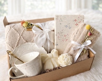 Beige Serenity Gift Box – Elegant Birthday Gift for Her, Cozy Neutral Gift Set for Mom or Friend, Tea Cup Blanket Candle Aesthetic Present