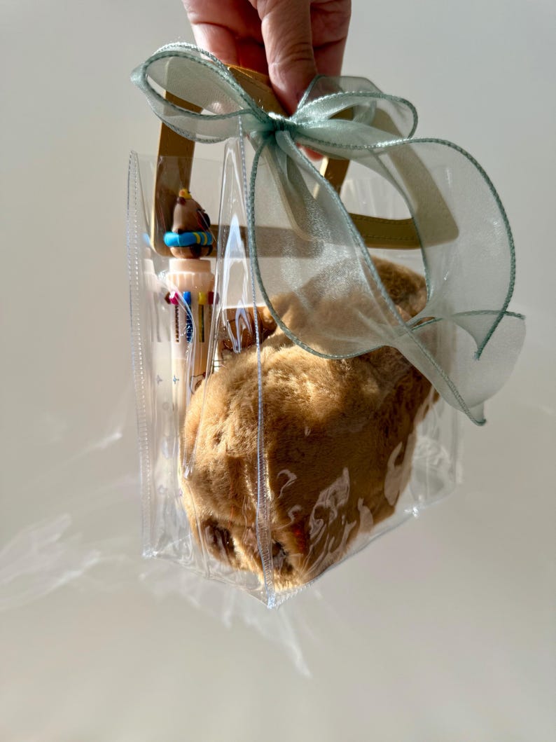 Puede incluir: Una bolsa de regalo de pl&aacute;stico transparente con un peluche marr&oacute;n claro y bol&iacute;grafos de colores en su interior. La bolsa est&aacute; atada con una cinta transparente de color verde claro. La bolsa tiene asas marrones claras.