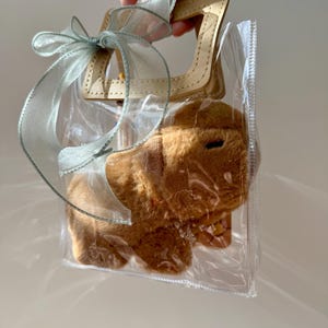 Puede incluir: Una bolsa de regalo de pl&aacute;stico transparente con un asa de cuero beige y una cinta azul claro. Dentro de la bolsa hay un juguete de peluche marr&oacute;n. La bolsa est&aacute; sujeta por una mano.