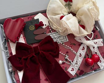 Cherry Aesthetic Gift Box #2– Vintage Cottagecore Set for Women & Teen Girls – Custom Self Care Box for Her – Red Bow Accessories,Makeup Bag