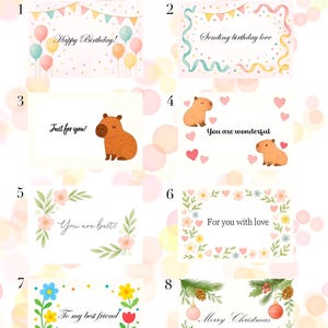 Puede incluir: Ocho tarjetas de felicitaci&oacute;n ilustradas con diferentes dise&ntilde;os. Las tarjetas incluyen mensajes como "&iexcl;Feliz cumplea&ntilde;os!", "Enviando amor de cumplea&ntilde;os" y "Feliz Navidad". Cada tarjeta presenta ilustraciones &uacute;nicas, como globos, carpinchos y arreglos florales.