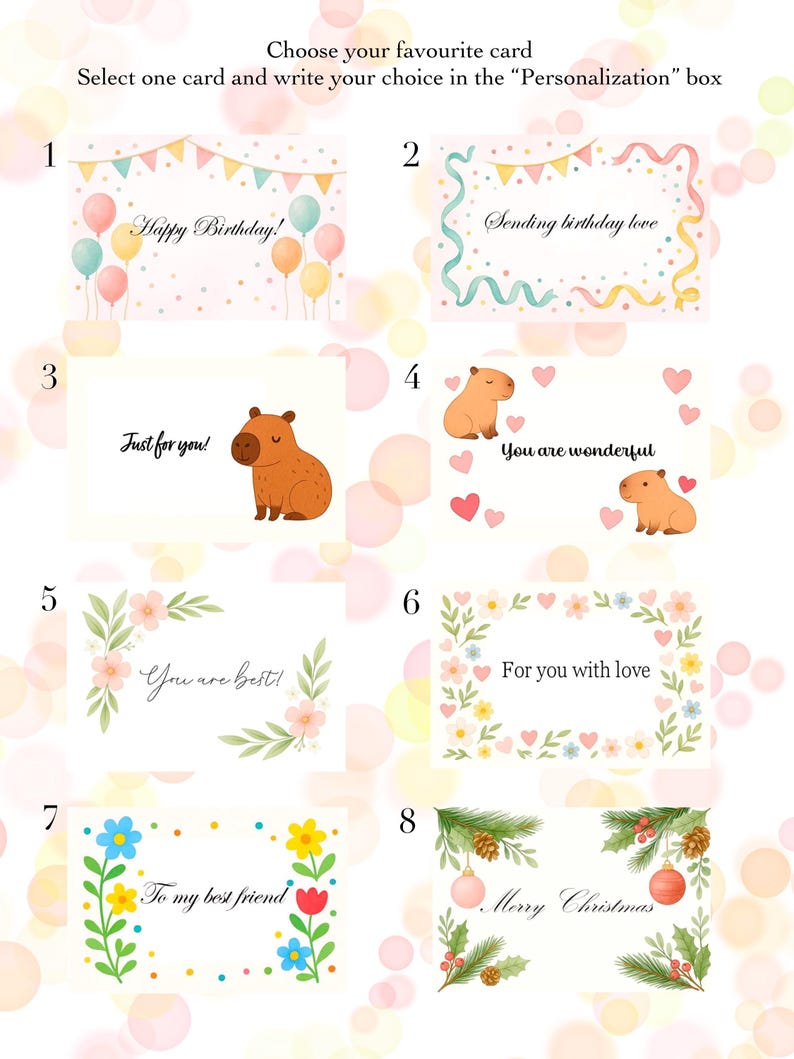 Puede incluir: Ocho tarjetas de felicitaci&oacute;n ilustradas con diferentes dise&ntilde;os. Las tarjetas incluyen mensajes como "&iexcl;Feliz cumplea&ntilde;os!", "Enviando amor de cumplea&ntilde;os" y "Feliz Navidad". Cada tarjeta presenta ilustraciones &uacute;nicas, como globos, carpinchos y arreglos florales.