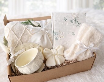 Cozy Holiday Gift Box, Elegant Birthday Gift for Her, Mom or Friend, Tea Cup & Blanket Aesthetic Gift Set, Luxury Self Care Present